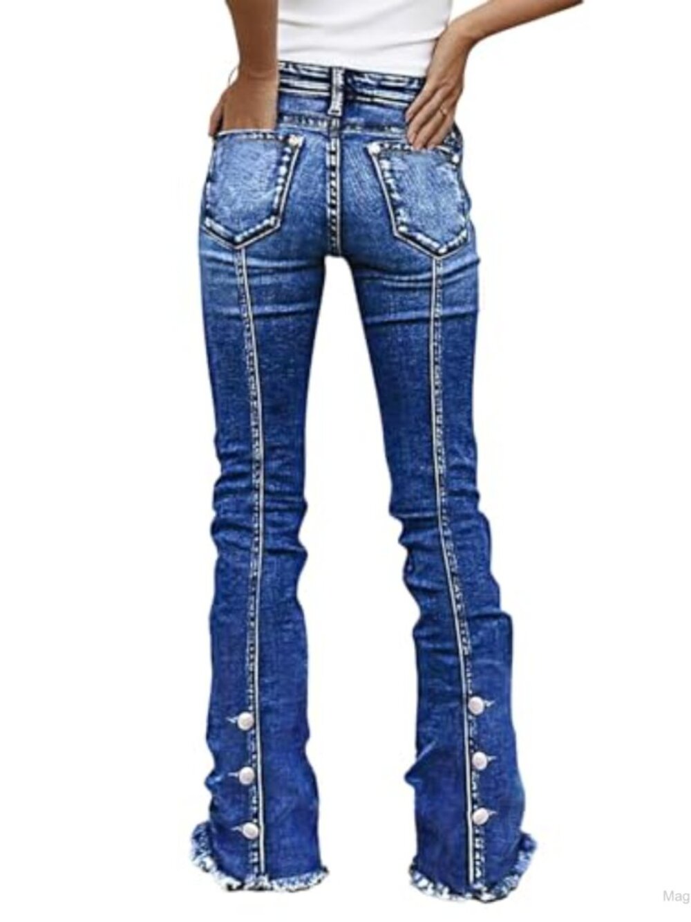 Women's Bootcut Mid Rise Raw Hem Jeans with Button Decor